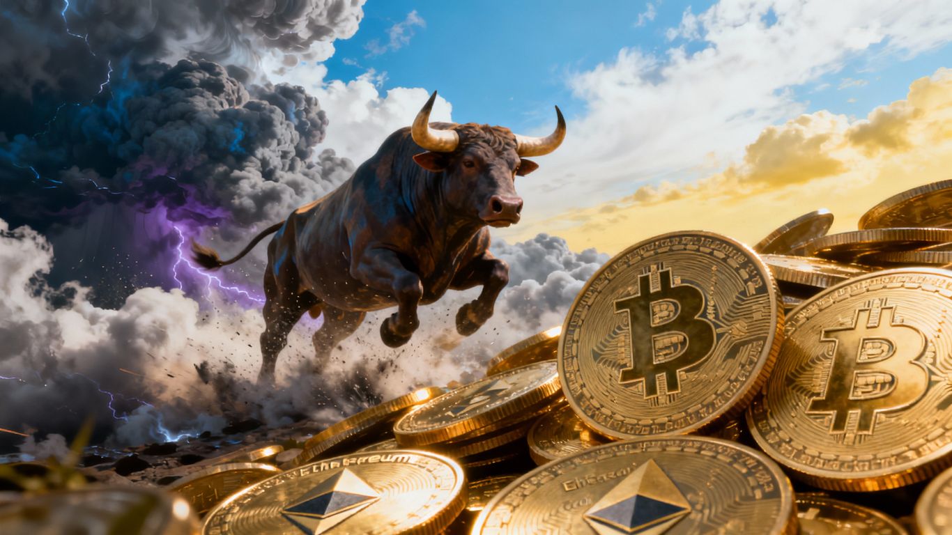 Ethereum and Bitcoin logos with a bull overcoming storm clouds.