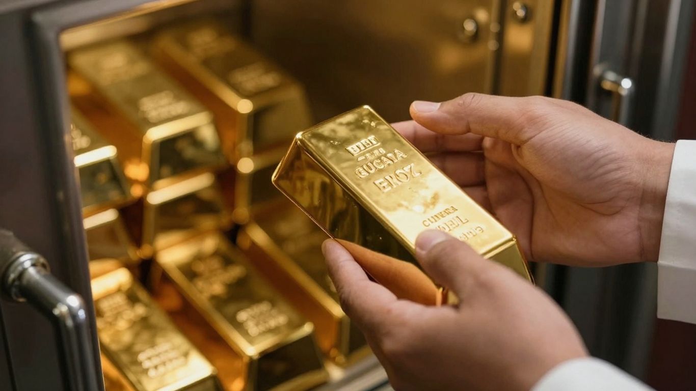 Main d'un douanier examinant une barre d'or.