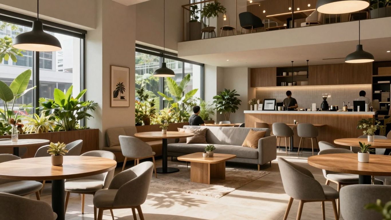 Modern co-living apartment interior in Singapore with stylish furniture.