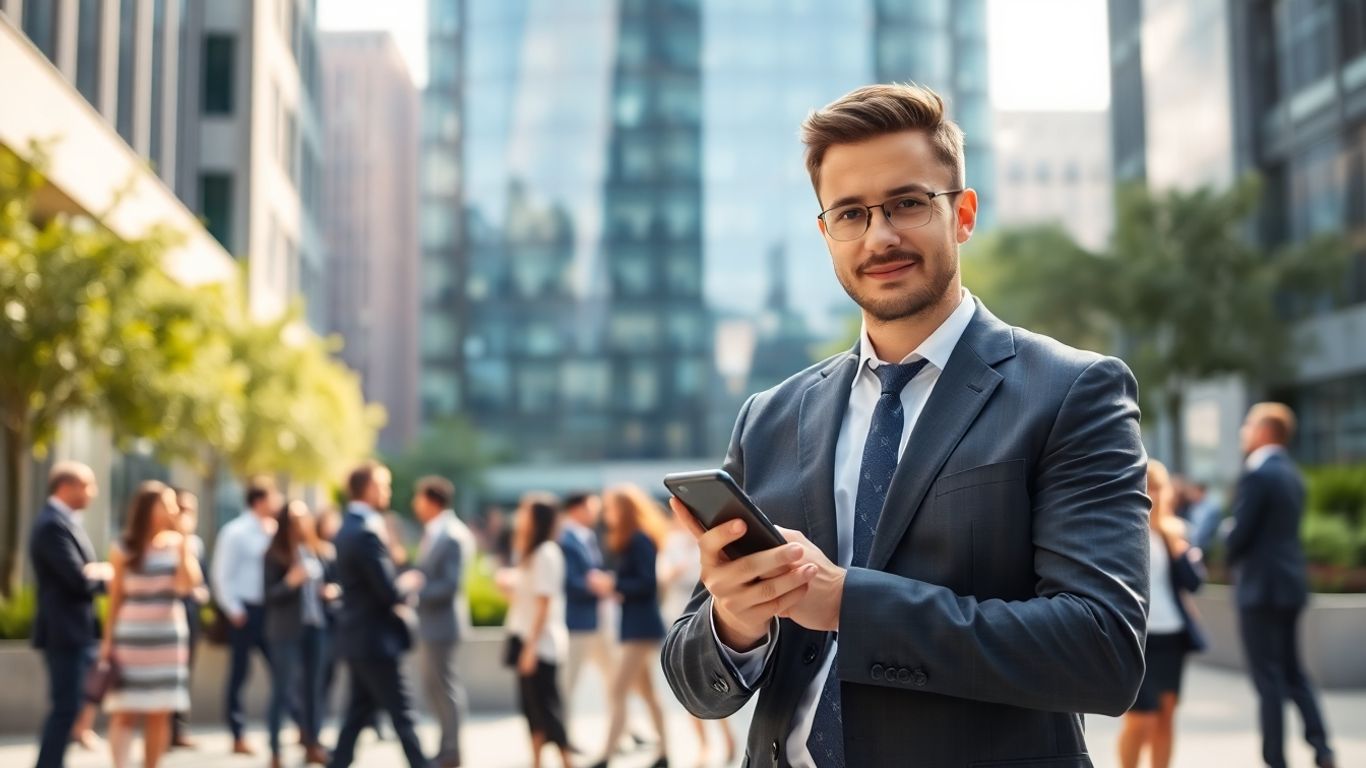 Confident businessperson networking in vibrant urban cityscape