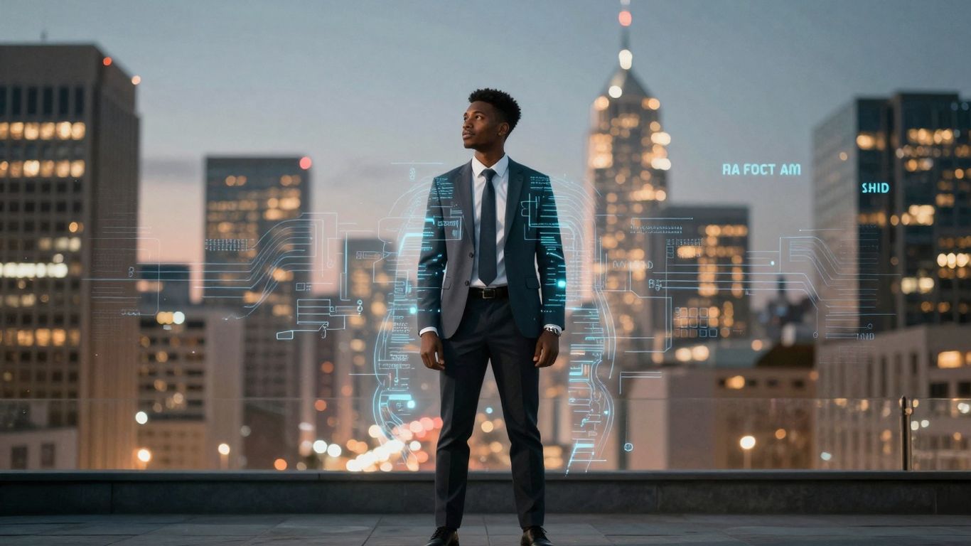 AI professional in a futuristic city, looking towards future earnings.