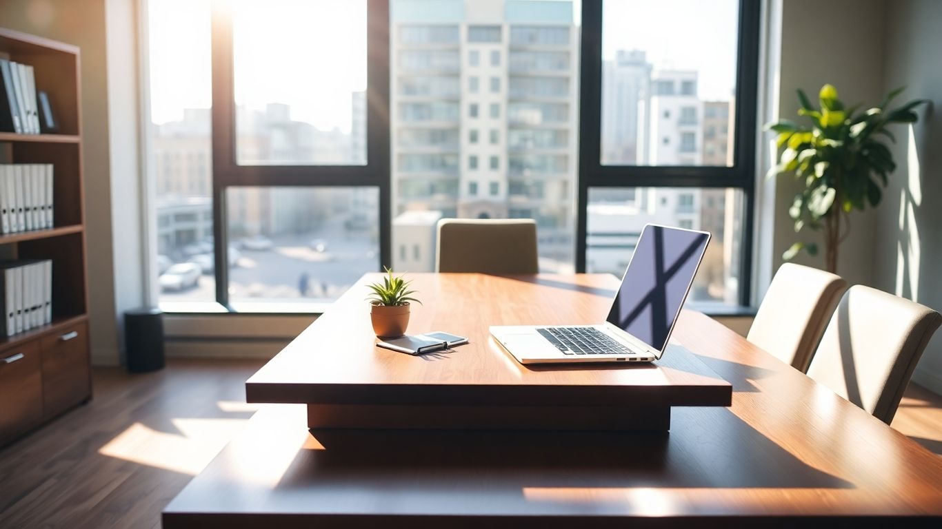Lawyer's office with desk and sunlight.
