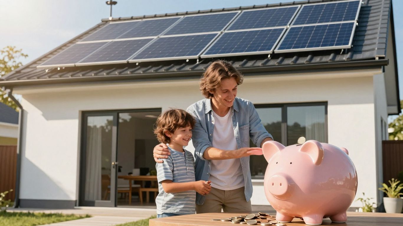 House With Solar Panels And A Piggy Bank.