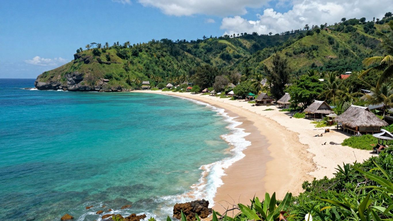 Sumba Island coastline with beaches and traditional houses.