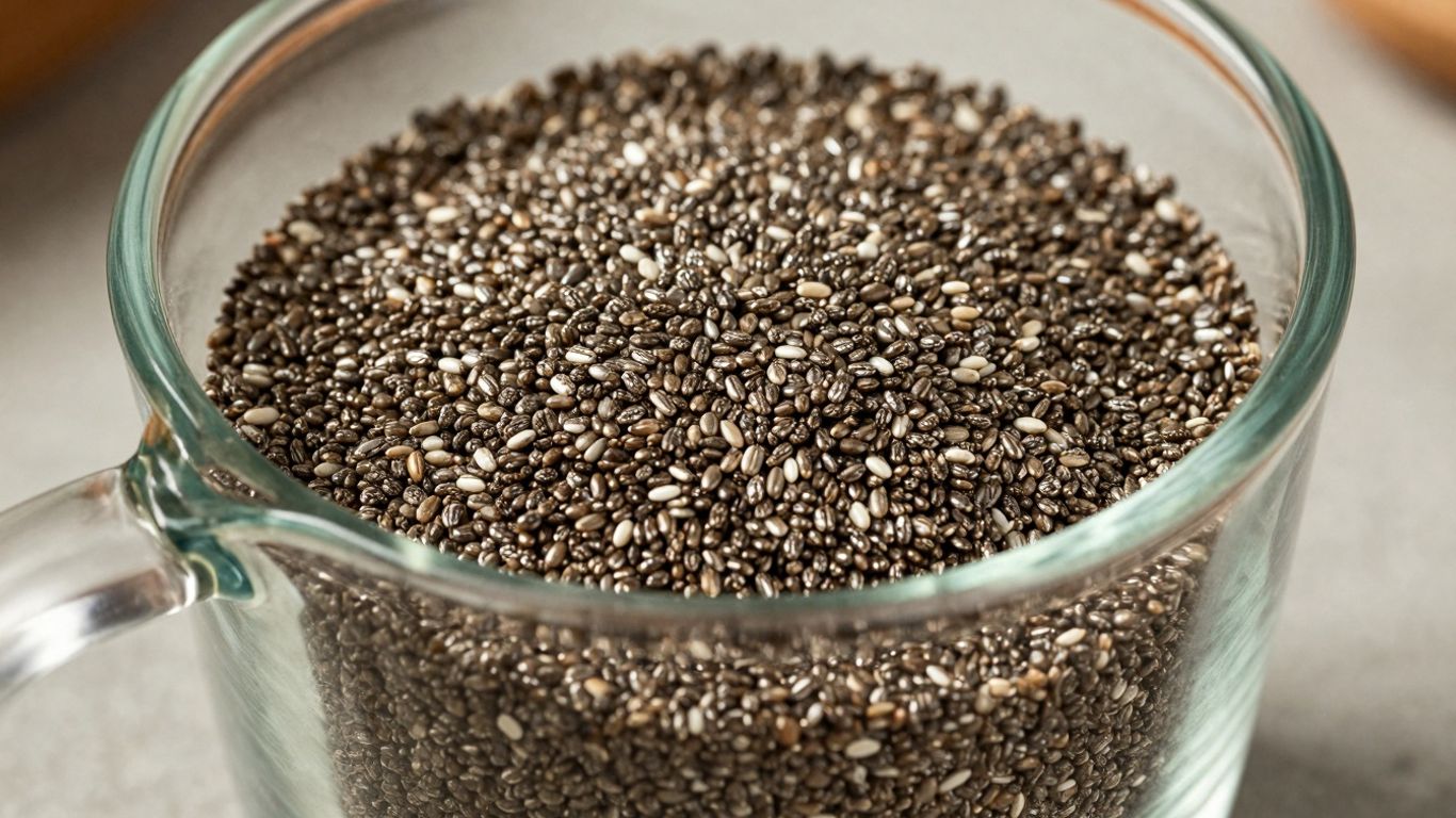 1/4 cup of chia seeds in a glass measuring cup.