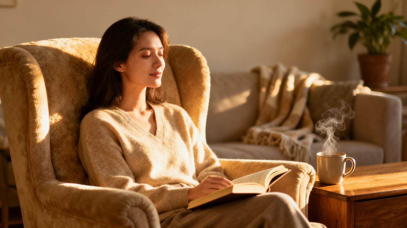 Woman enjoying peaceful alone time with a book and tea.