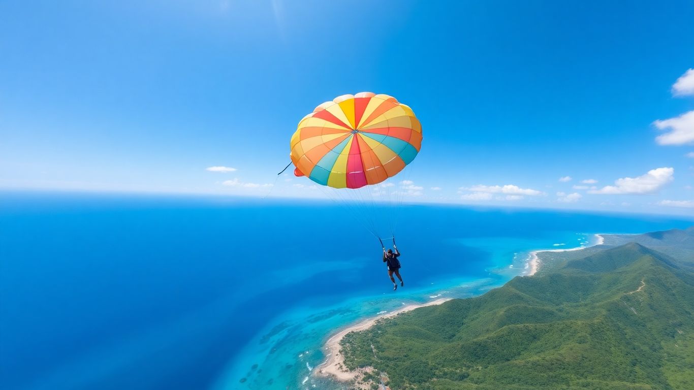 Parasailer soaring over turquoise Hawaiian ocean and coastline.