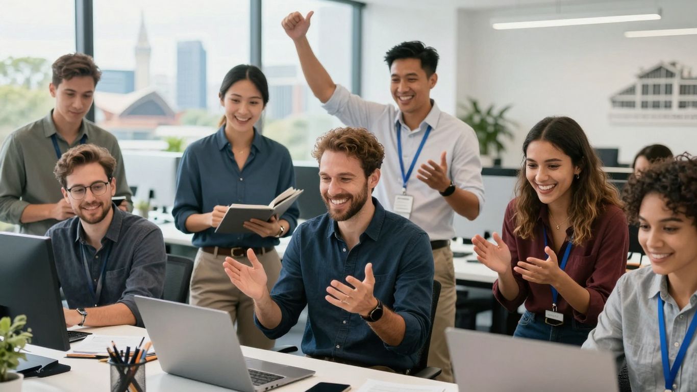 Australian entrepreneurs collaborating in a modern, bright workspace.