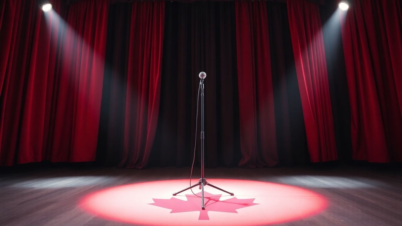 Empty comedy stage with microphone and maple leaf