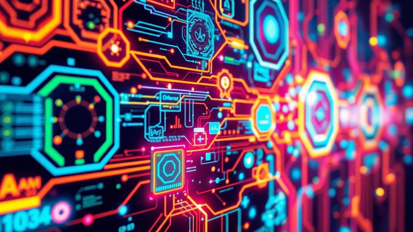 Inteligências artificiais e circuitos digitais futuristas.