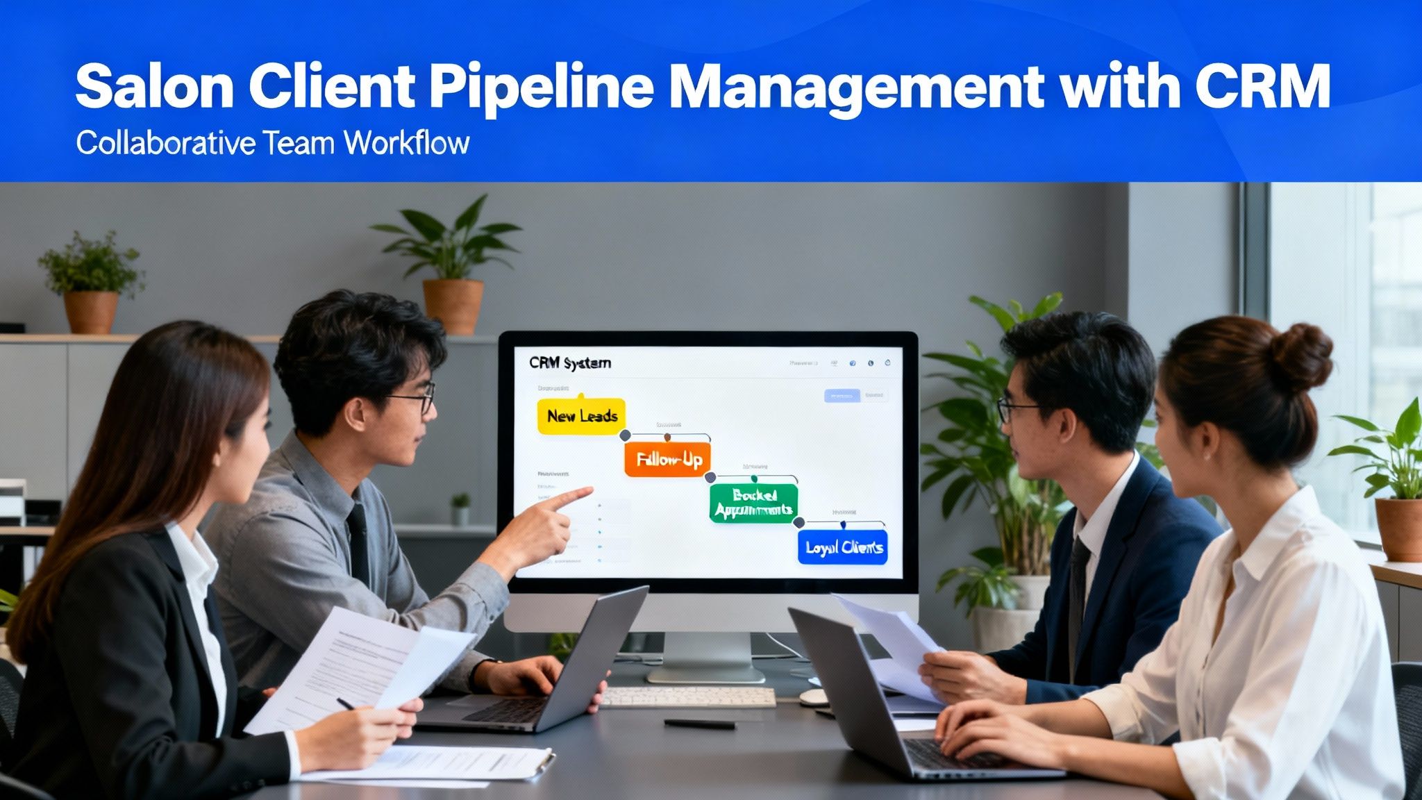 Collaborative team managing salon client pipeline with CRM