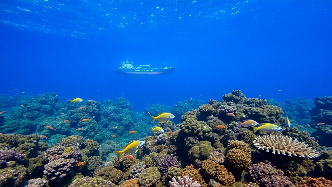 Raja Ampat coral reef with cargo ship in distance