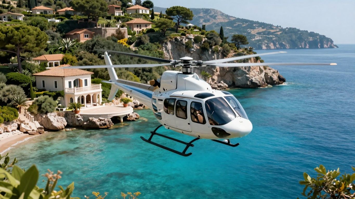 Helicopter approaching island villa over turquoise water.