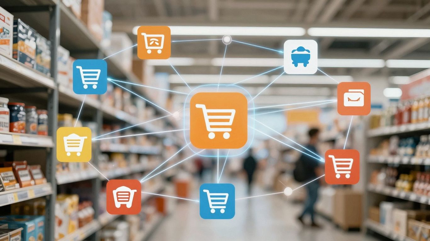 E-commerce icons and glowing lines on a digital background.