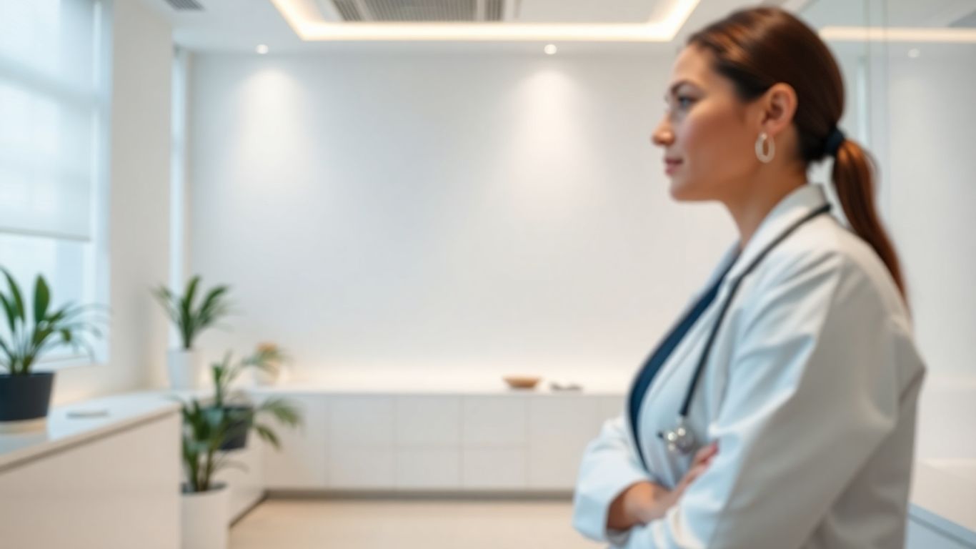Aesthetic clinic interior with soft lighting and a blurred professional.
