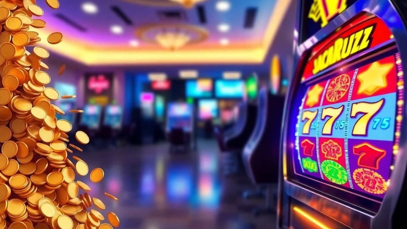 Slot machine and falling coins with jackpot symbols.
