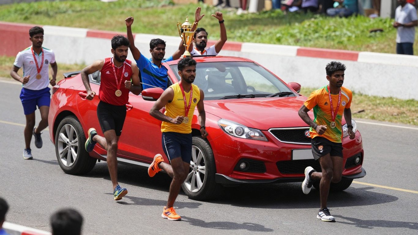 Dynamic Indian sports scene with athletes and cheering crowd.