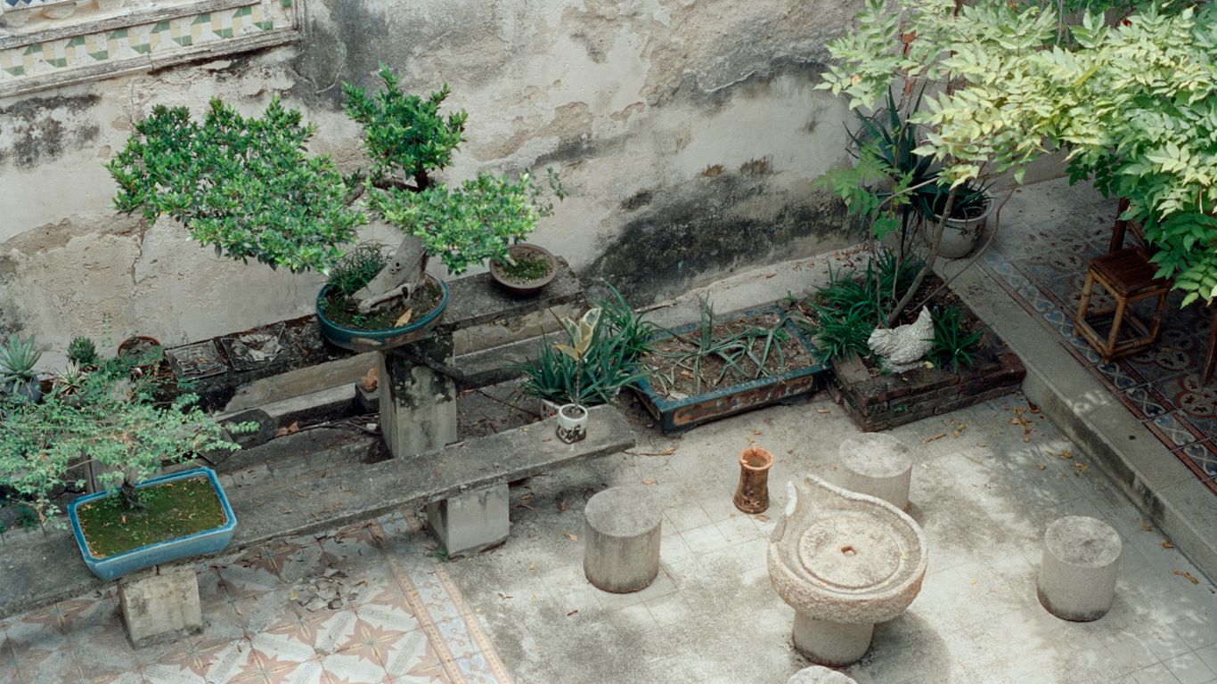 Courtyard with potted plants and seating area.