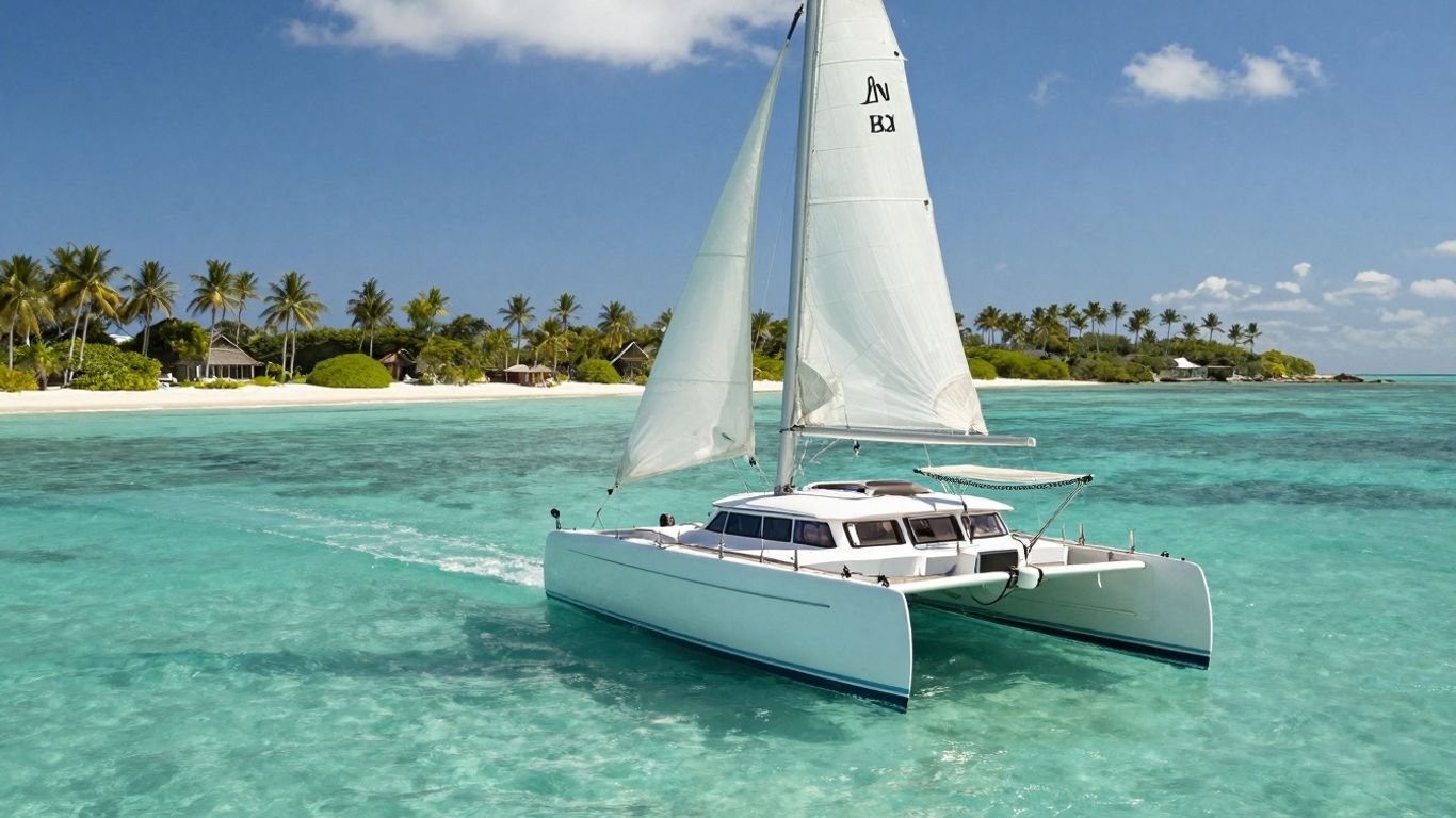 Catamaran sailing in clear turquoise Bahamian waters.