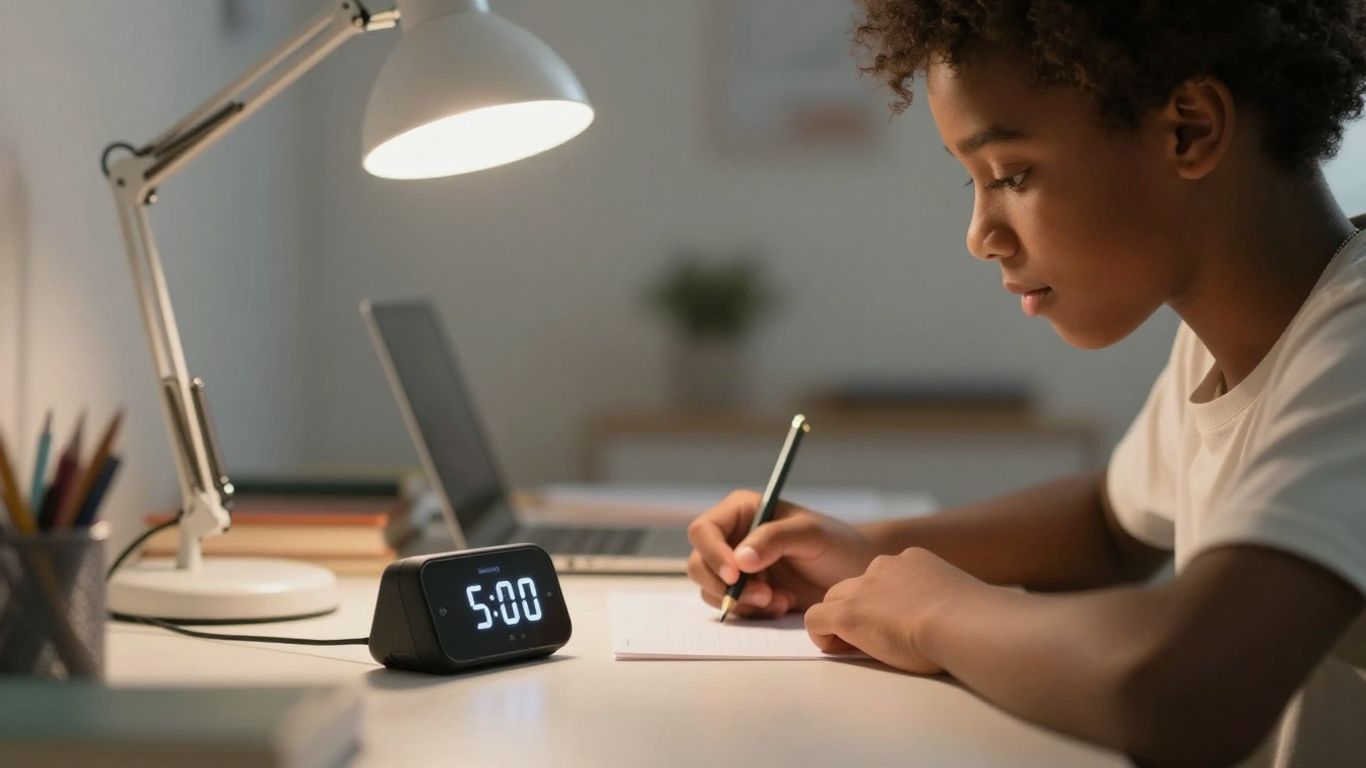 Student using a study timer at a desk.