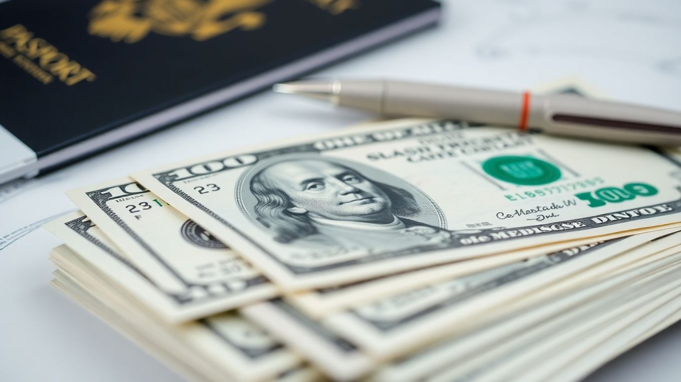 US dollars and IELTS test booklet for fees