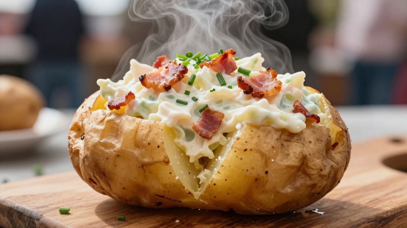 Jacket potato with coleslaw and bacon filling.