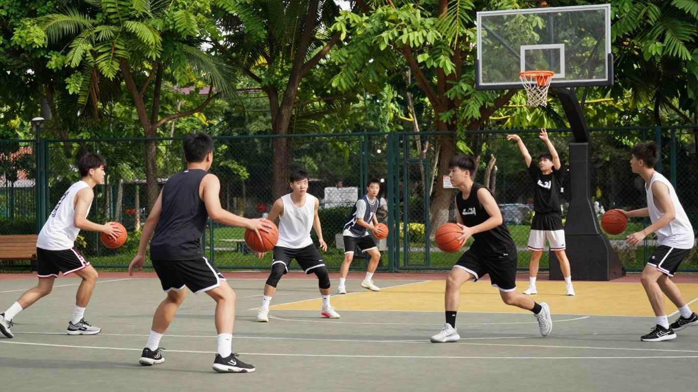 Jucători de baschet în acțiune pe teren.