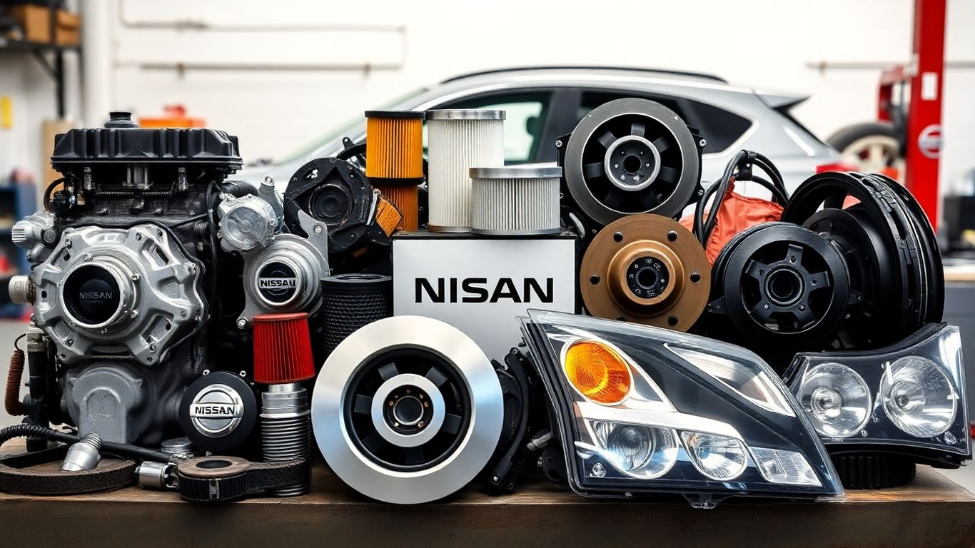 Various Nissan car parts on workshop table