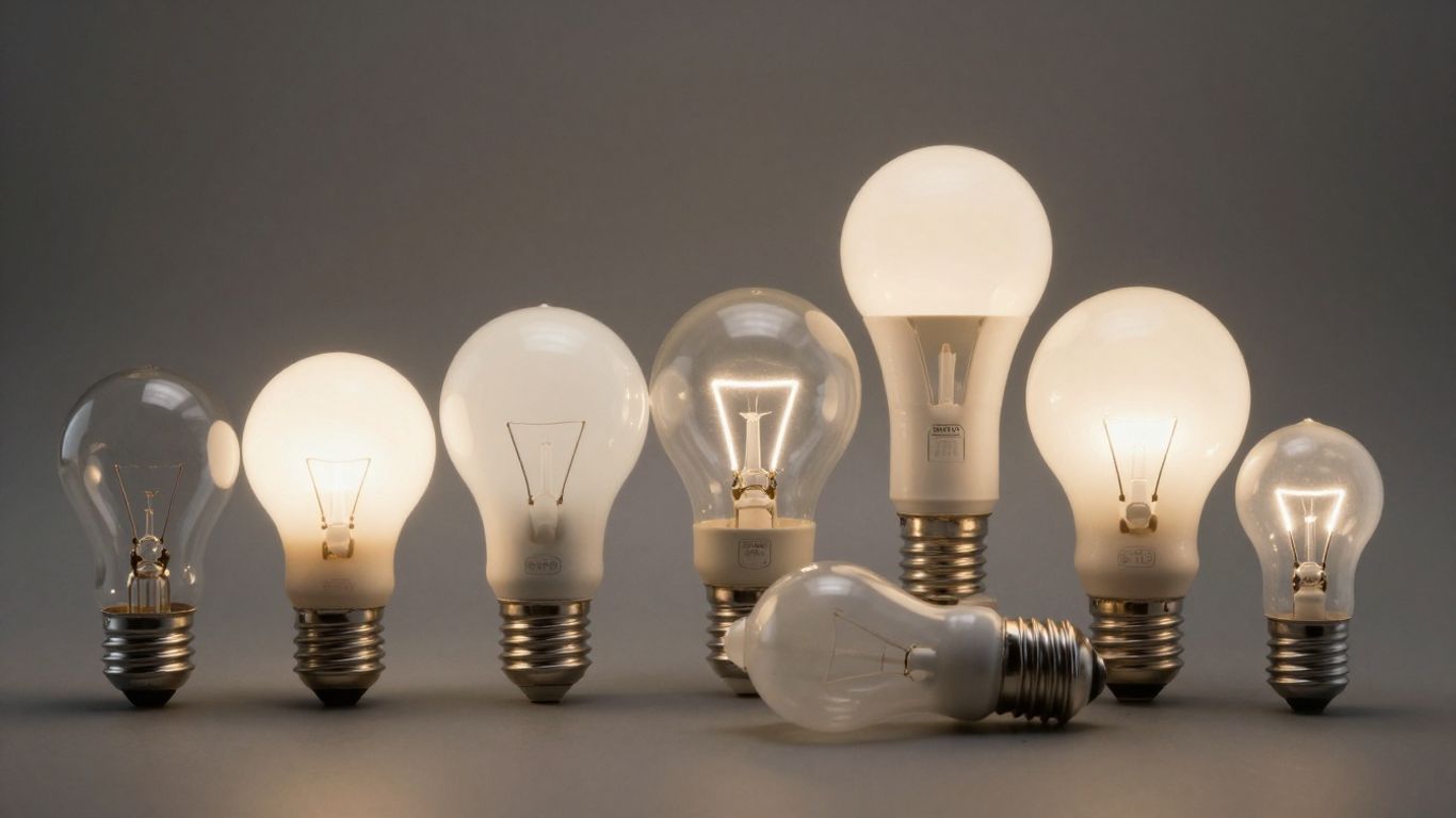 Various light bulbs on a neutral background.