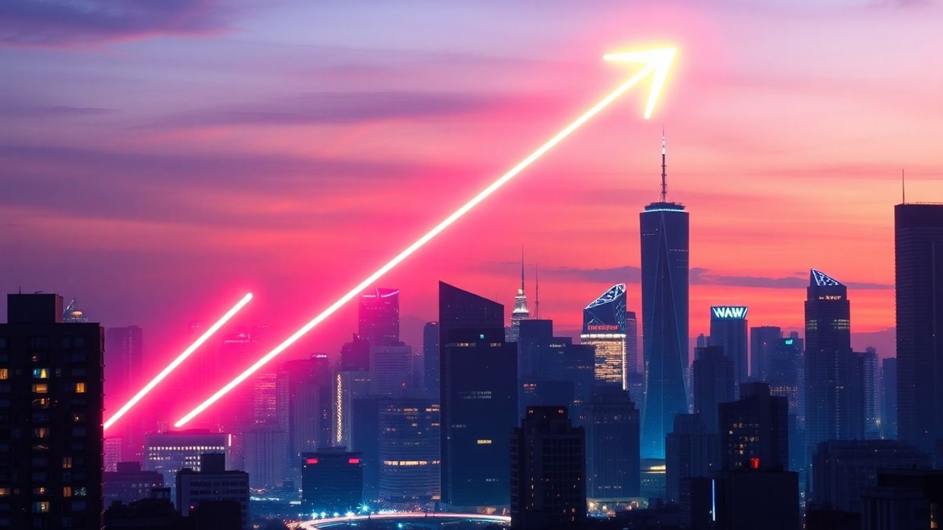 Cityscape with upward arrow symbolizing business growth.