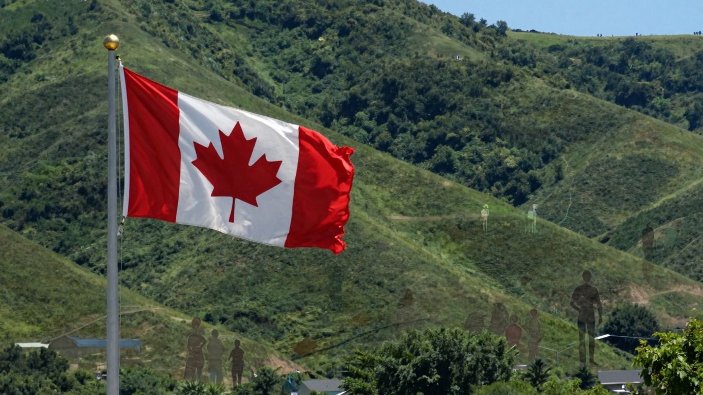 Canadian flag over green hills, diverse people integrated.