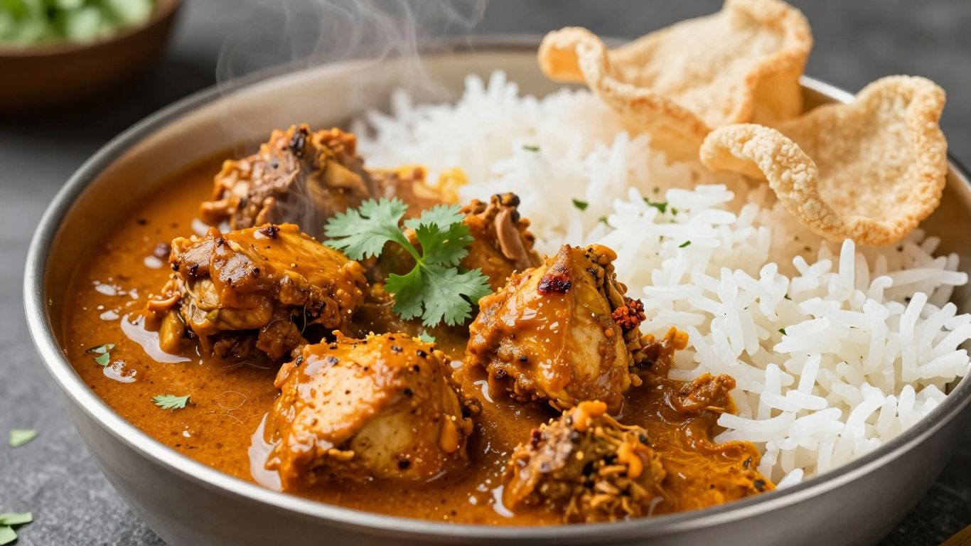 Authentic Mangalorean chicken curry with rice and papadums.