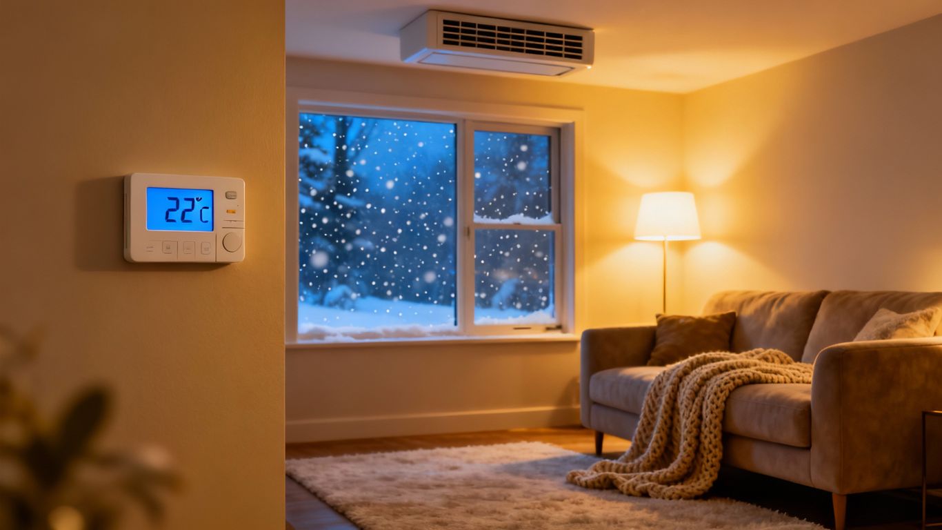 Cozy living room with thermostat, snow outside window.