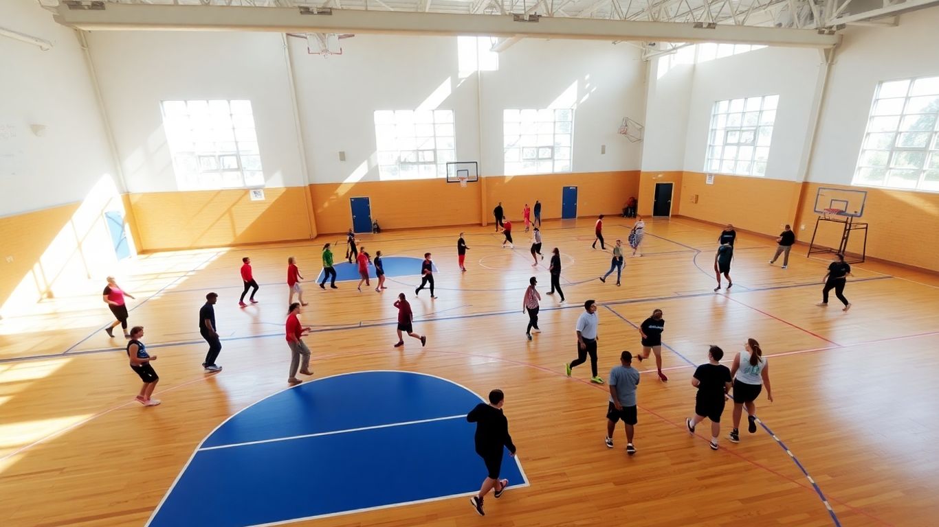 Indoor sports courts with people playing basketball and netball.