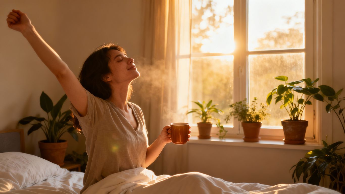 Person stretching by window with coffee, morning light.
