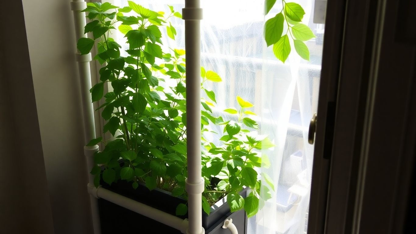 Mini-seră DIY pe balcon cu plante verzi.