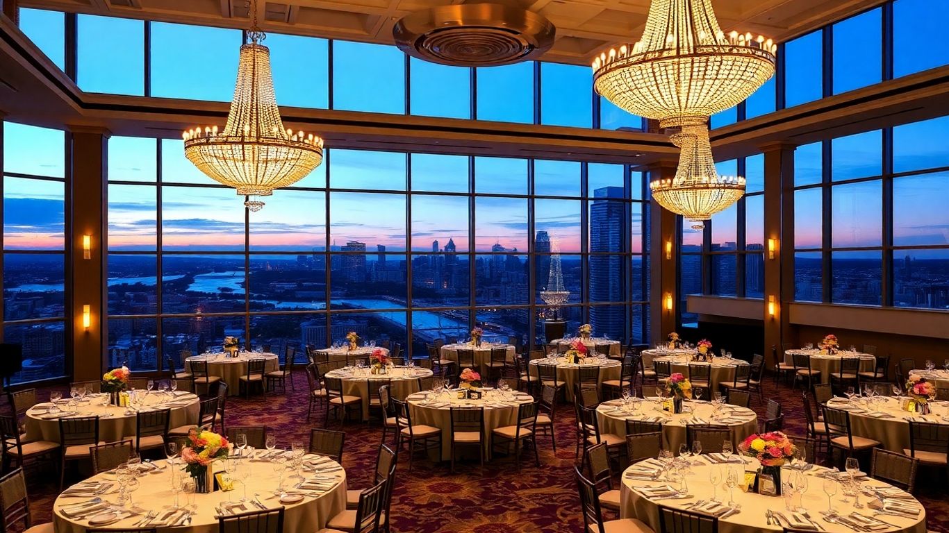 Elegant Dallas event venue interior with chandeliers and tables.