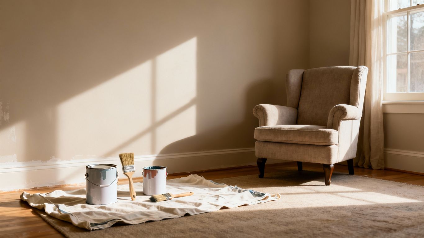 Cozy living room with freshly painted walls and painting supplies.