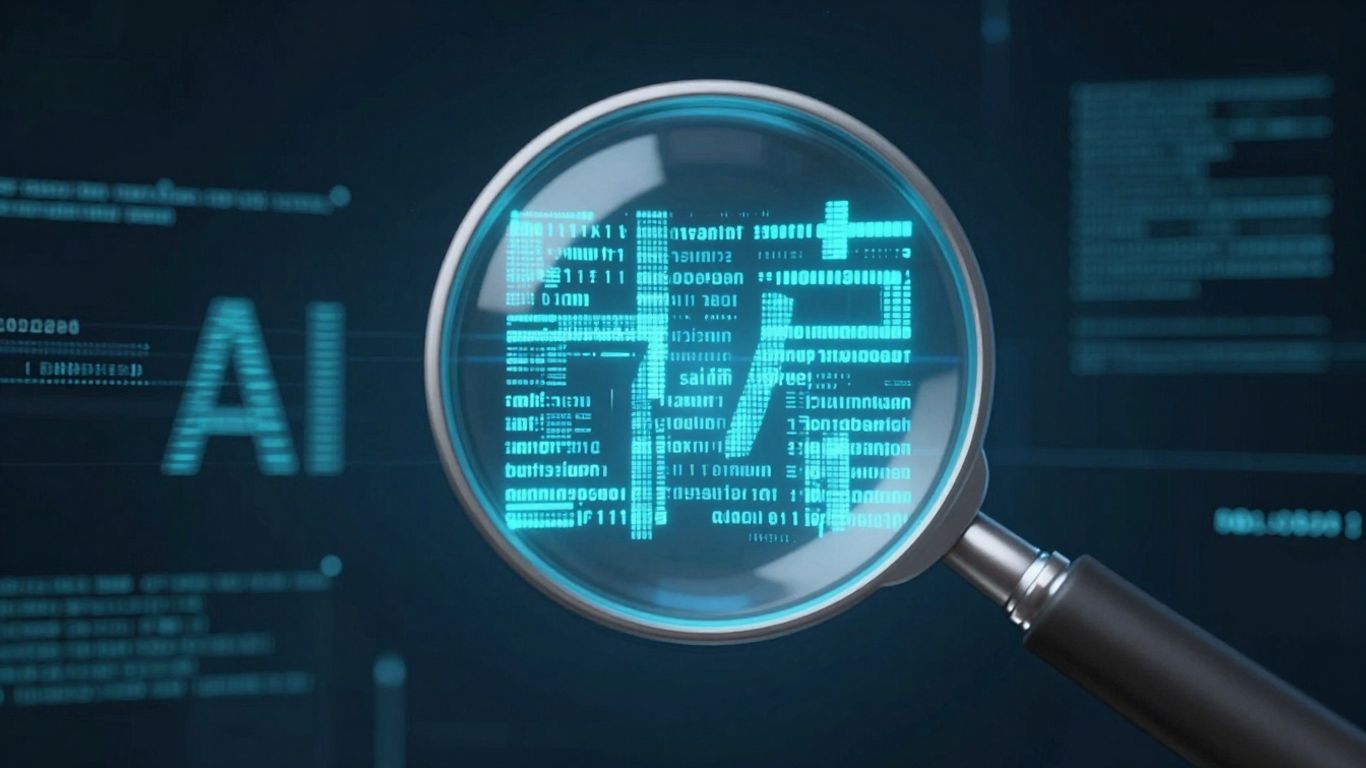 Magnifying glass over AI text, revealing truth.