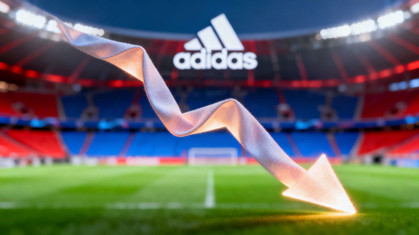 Adidas logo with a downward trend graphic.