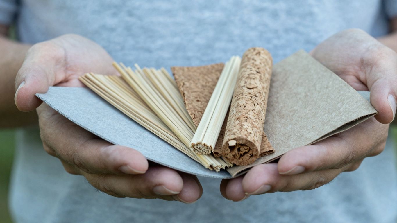 Hands holding sustainable materials like bamboo and cork.