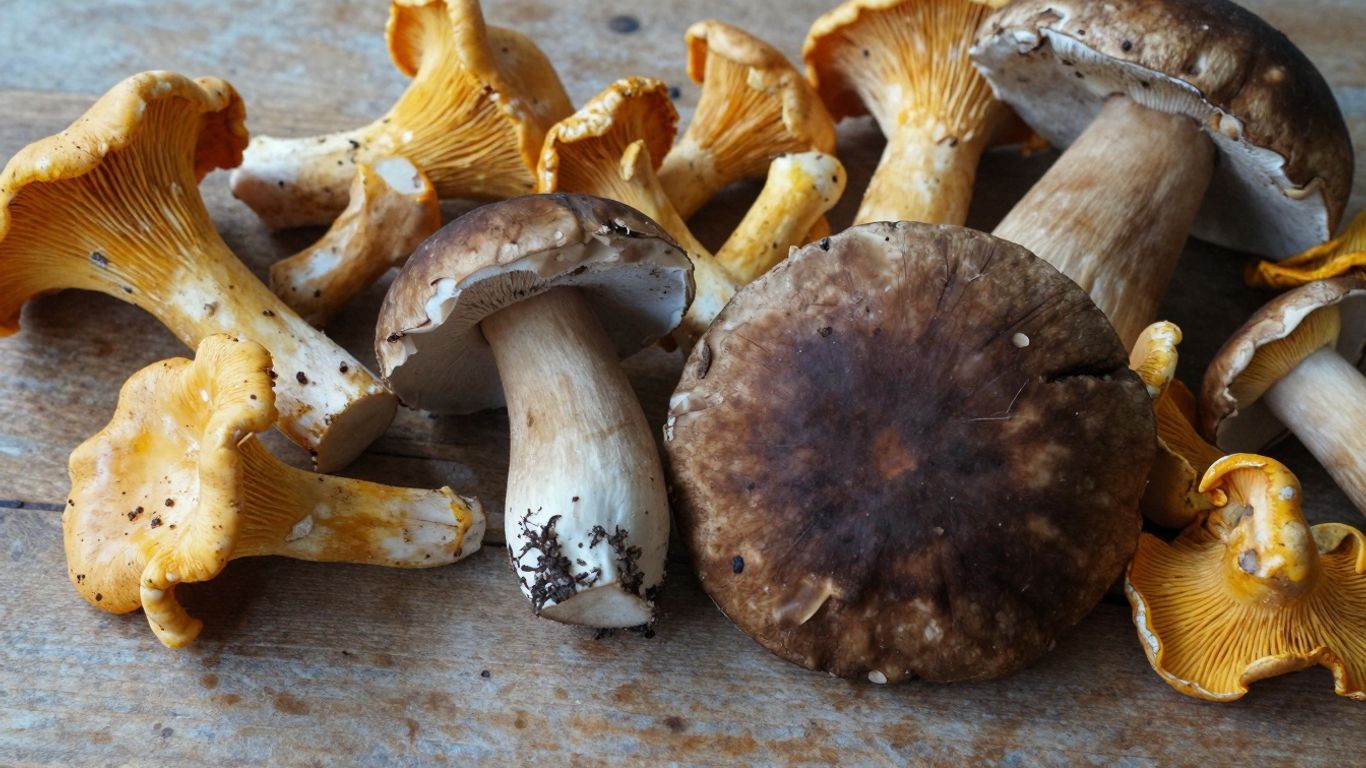 Frische Pilze auf rustikalem Holzhintergrund, bereit für die Zubereitung.