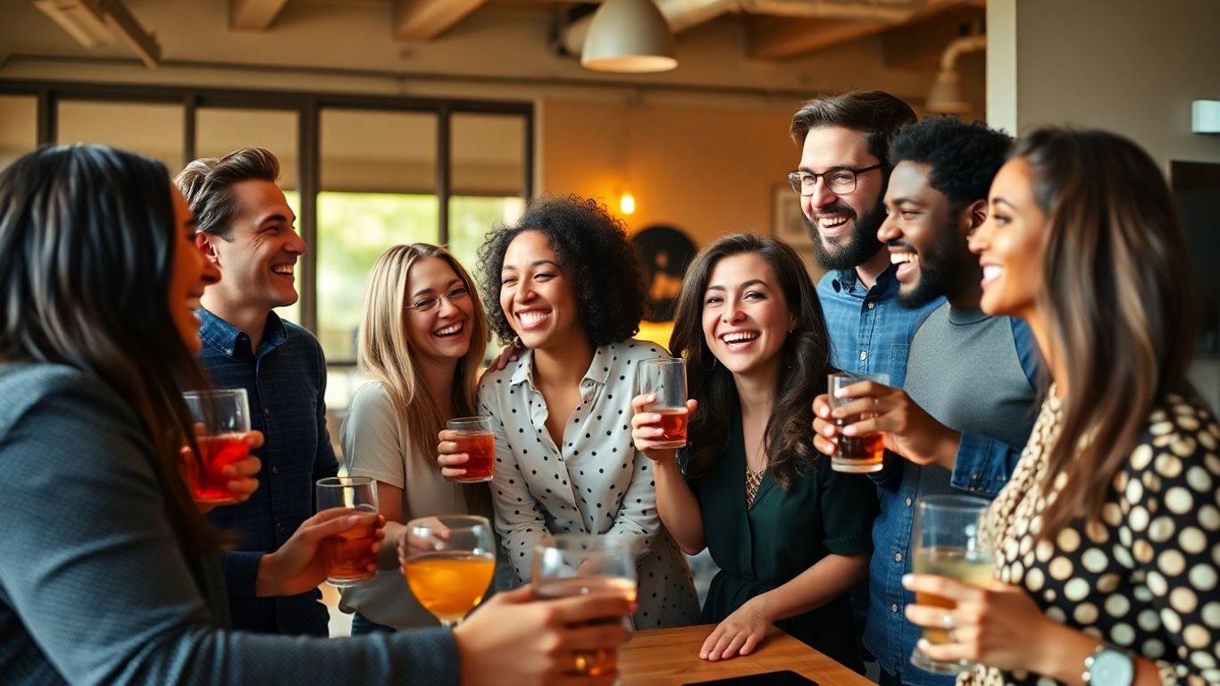 Menschen lachen und interagieren bei einer Firmenfeier.
