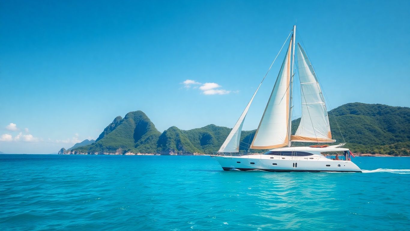 Sailing yacht on turquoise water near green islands.
