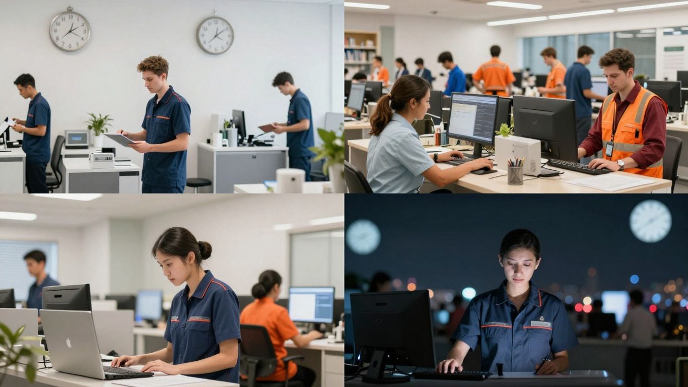 Mensen in verschillende ploegendiensten, dag en nacht werk.
