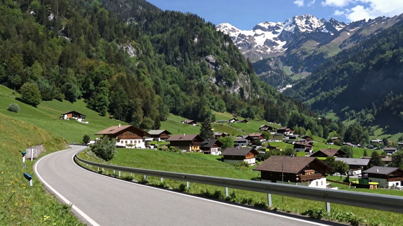 Góry i dolina z drogą prowadzącą do wioski