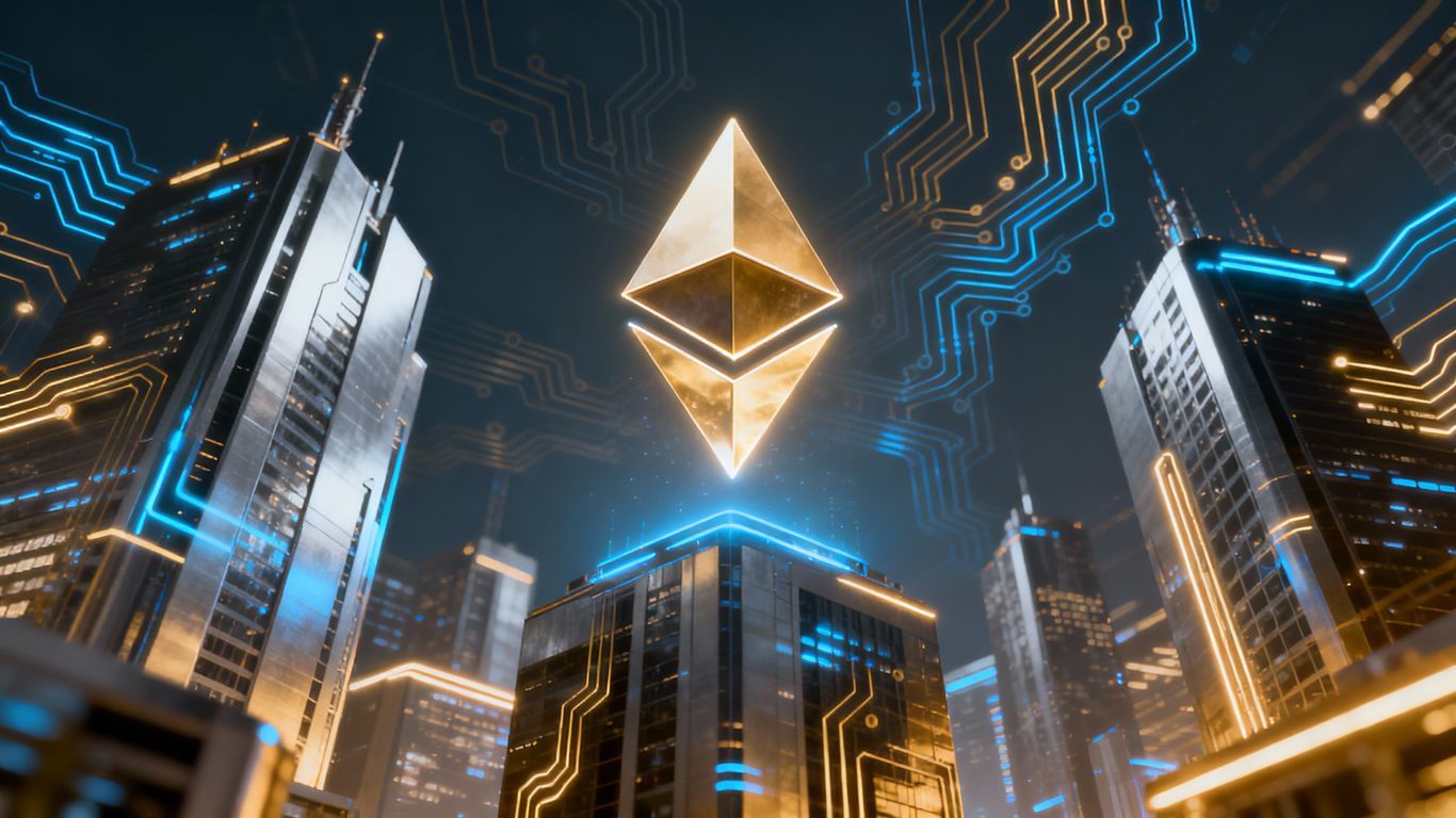 Futuristic Ethereum logo above high-tech cityscape