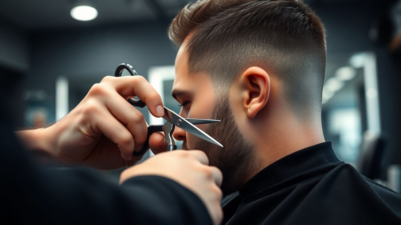 Barber cutting client's hair with scissors.