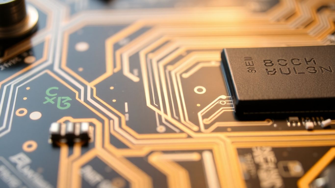 Motherboard circuit with shiny metallic components.