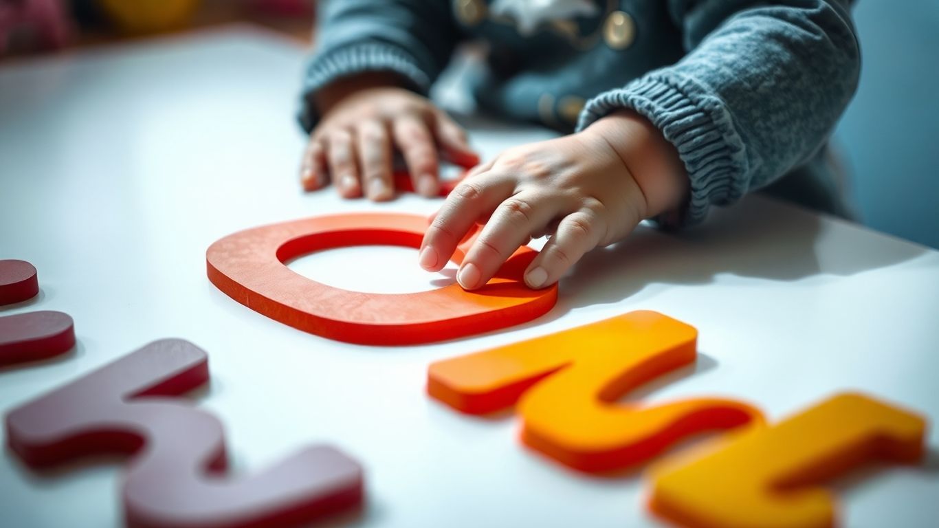 Toddler tracing colorful letters with hands.